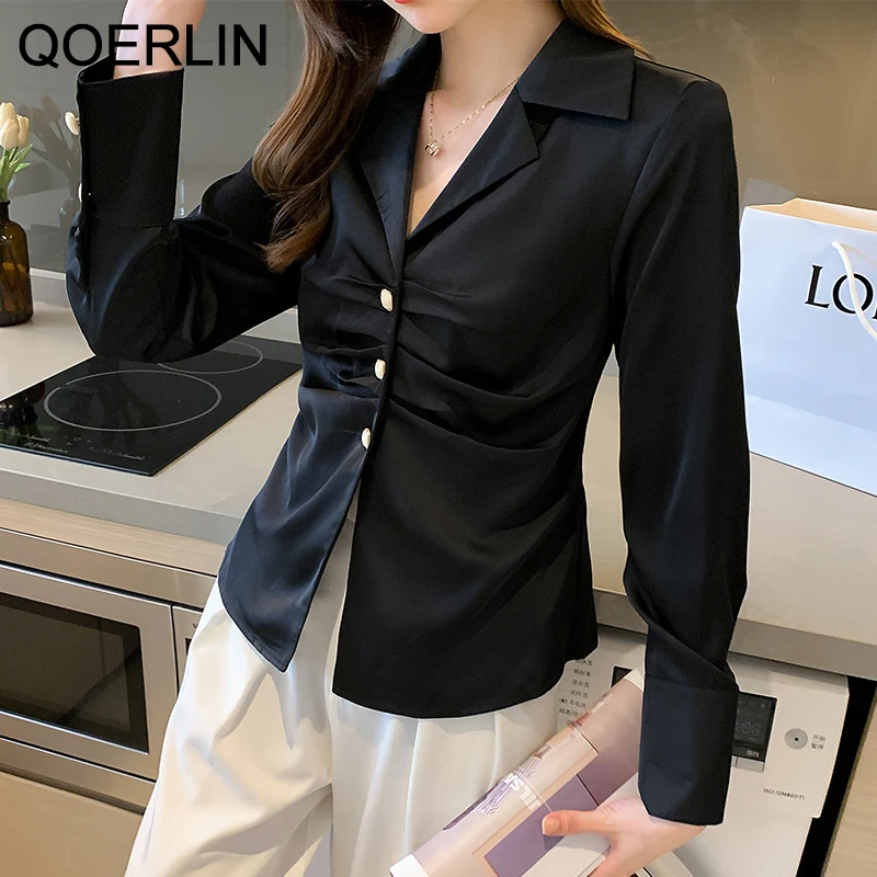 qoerlin design folds black blouse long