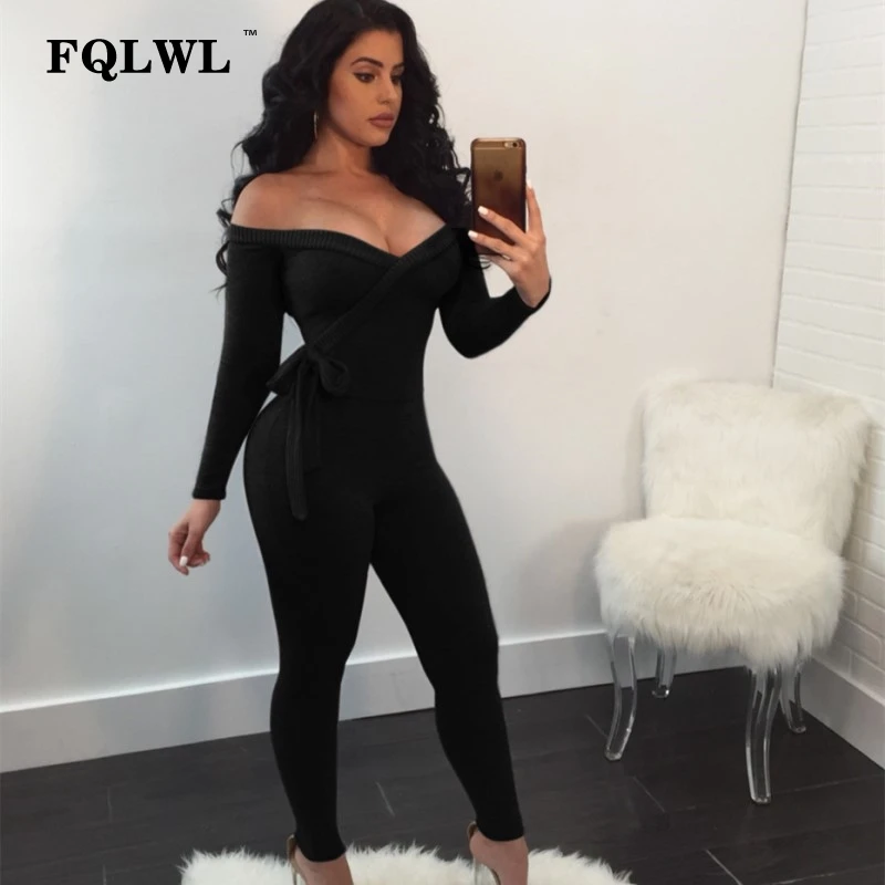 shoulder bodycon sexy jumpsuit women knitting